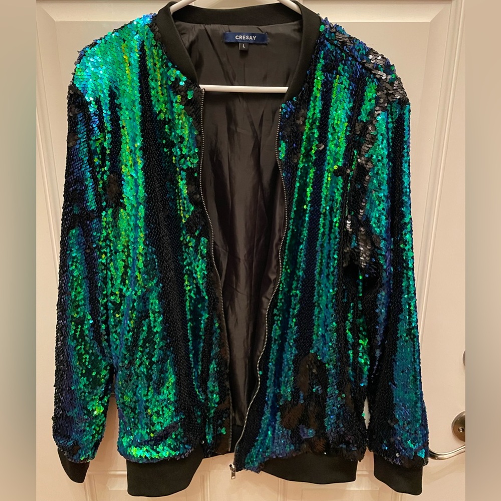 Green Sequin Bomber Jacket Size Large